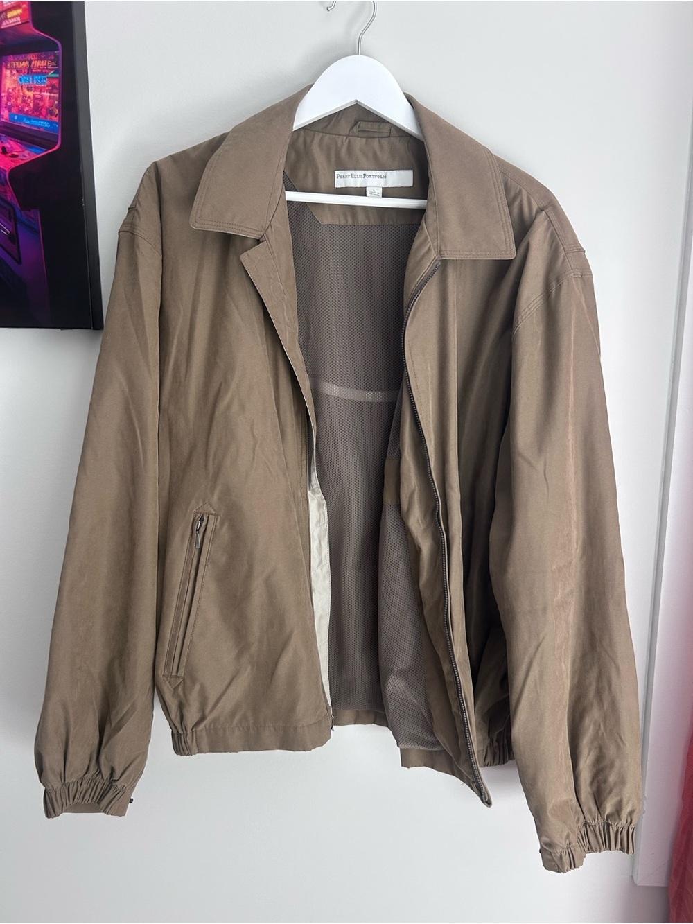 Perry Ellis Taupe/Brown Zip-Front Bomber Jacket